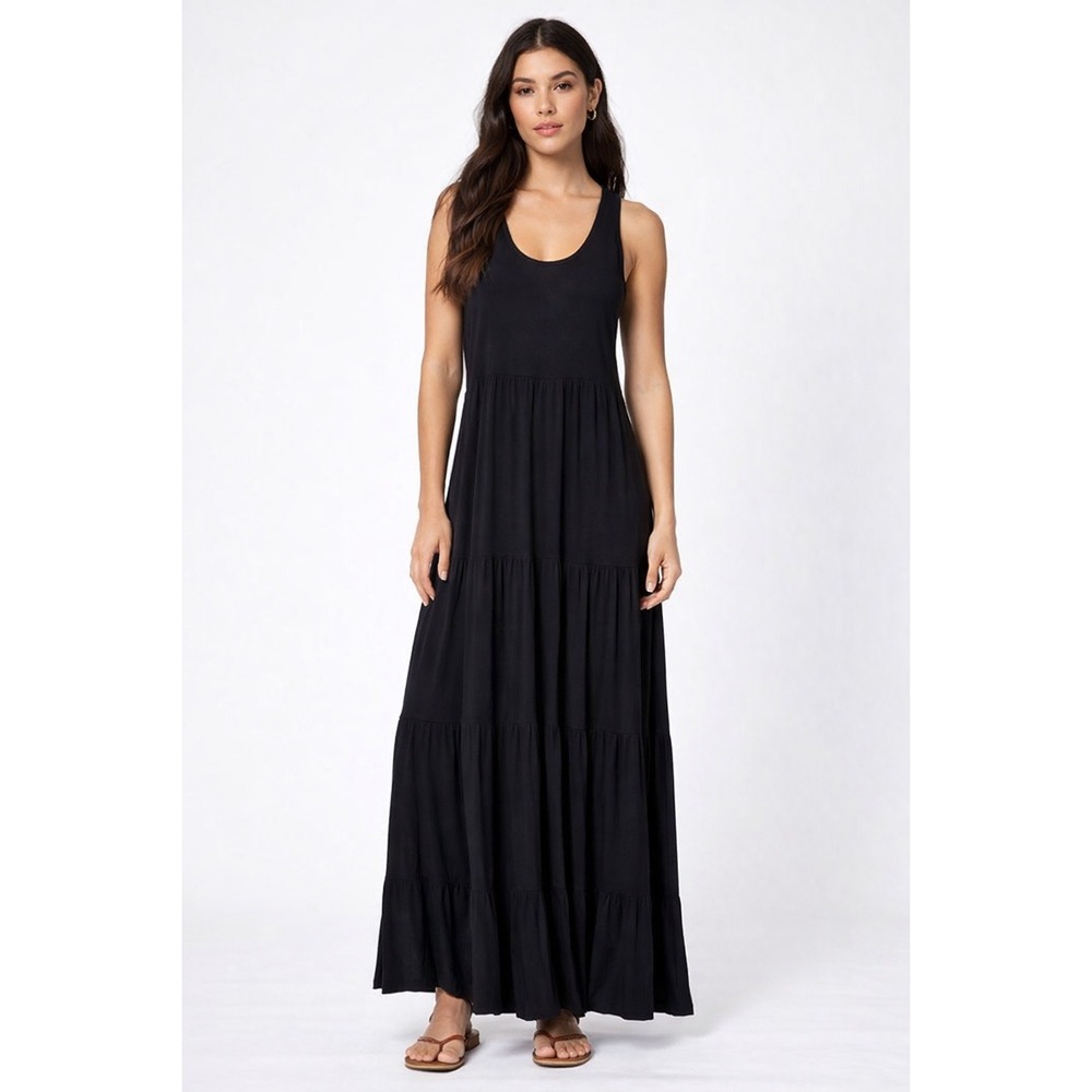 Ellos Womens Black Tiered Sleeveless Scoop Neck Jersey Knit Maxi Dress M Tall